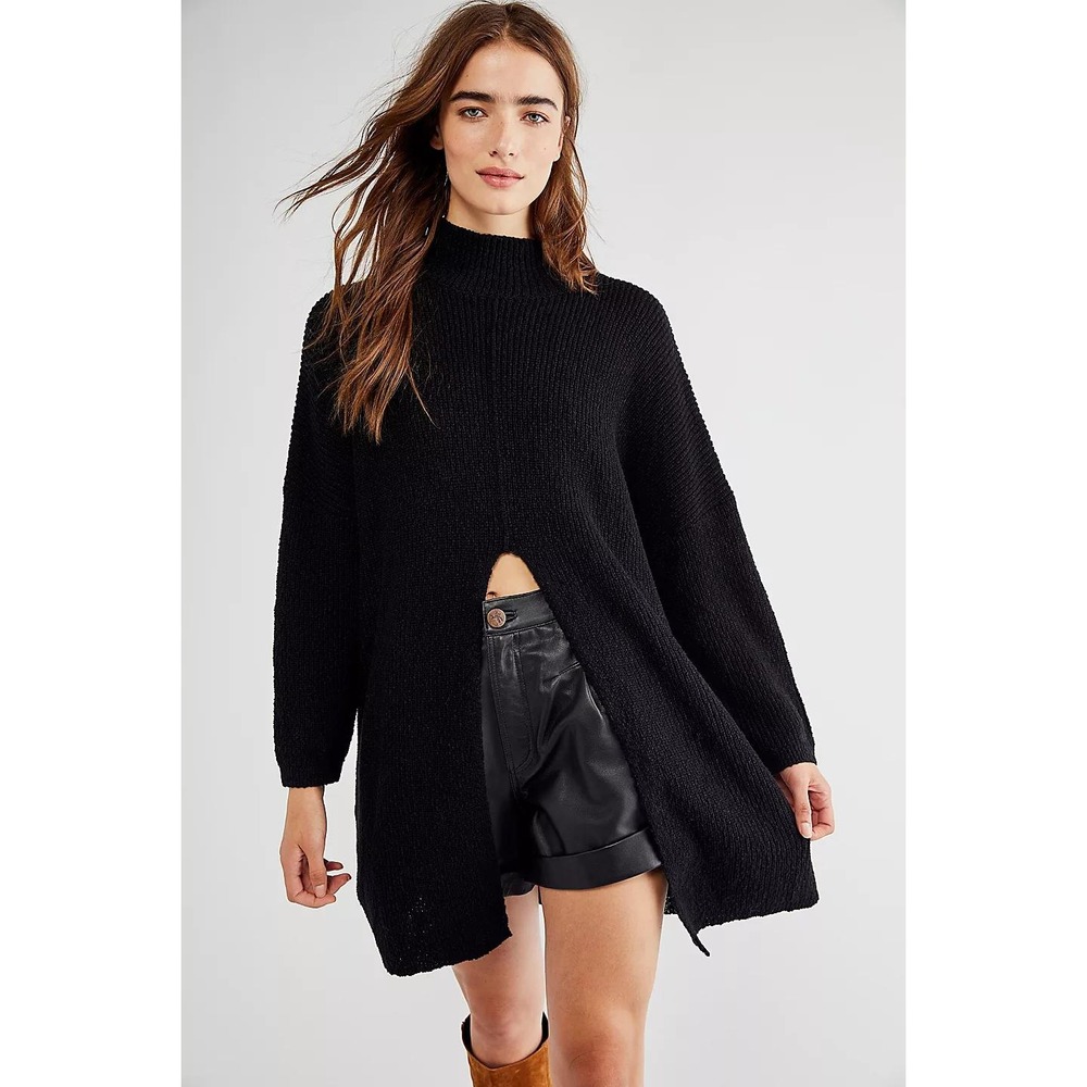 Free People Beach Coco Sweater Pullover Size L‎ Black Split Front Mock Neck Long
